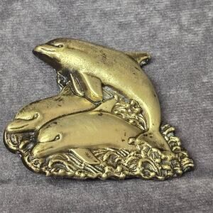 Vintage Pot Metal Brass Stone Cut Out Pod of Three Dolphins Swimming Belt Buckle